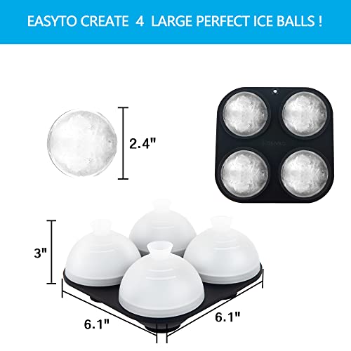 Whiskey Ice Ball Mold, Honyao Ice Ball Maker Mold 100% Silicone Round Balls Ice Cube Tray With Clear Individual Lid, 2.4In Large Sphere Ice Ball Molds For Cocktails Bourbon Rum - 4 Iceballs #TOP4