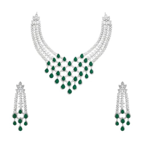 Image of KUSHAL'S Fashion Jewellery Green Rodium Polished Zircon Necklace Set With Adjustable Chain & Push Back Earrings| Best For Bride, Bridemaids & Special Occasion | Necklace set For Women - 434757