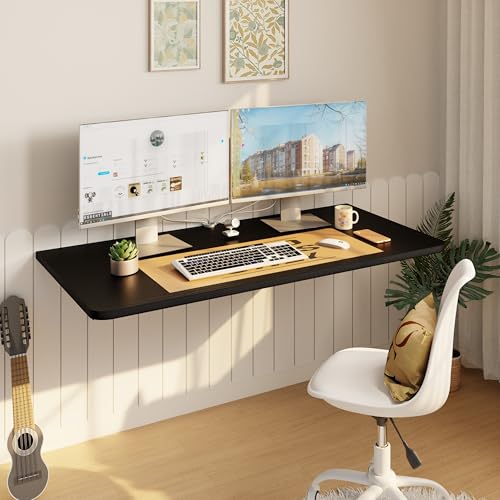 IAE Wall Mounted Floating Foldable Desk, 36 x 22 Folding Computer Workstation Table with Engineered Wood and Metal Shelf Brackets,Fold&Floating Design for Home Office, Small Rooms,Work Setups,Black