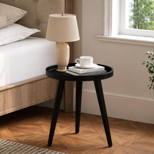 Image of Small Round Coffee Table, Modern Side Table with 3 Stable Legs, Multifunctional Sofa Side Table for Balcony Office (Full Black)