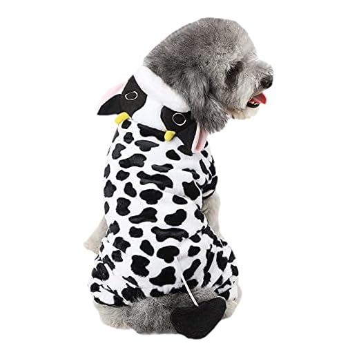 Cow Dog Costume – Funny Halloween Dog Costume, Winter Warm Moo Moo Outfits for Small Medium Dogs, Adorable 4 Legs Milk Cows Hooded Coat Pajama