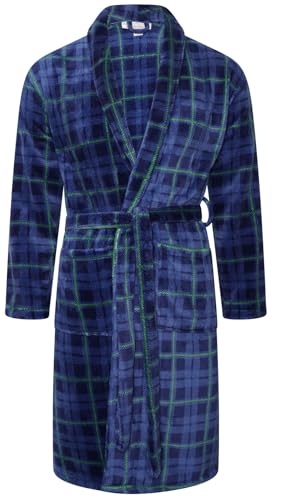 Adore Home Mens Soft Warm Flannel Fleece Bathrobe Dressing Gown Shawl, Check Blue, L-XL