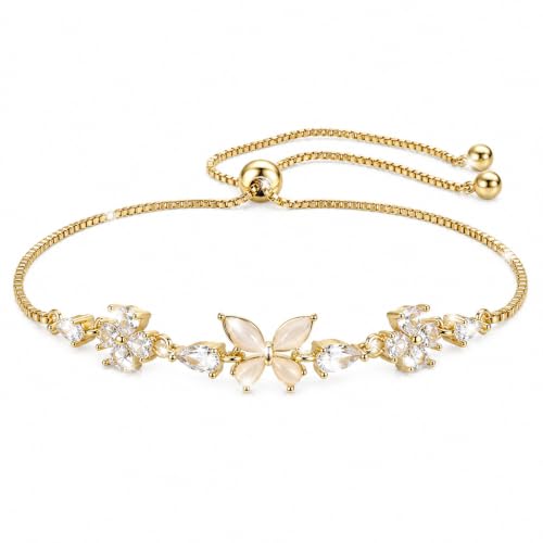 Image of Ajcotahm Gold Bracelets for Women, Adjustable Butterfly Flower Rhinestone Bracelet Sparkly Slider Butterfly Jewelry
