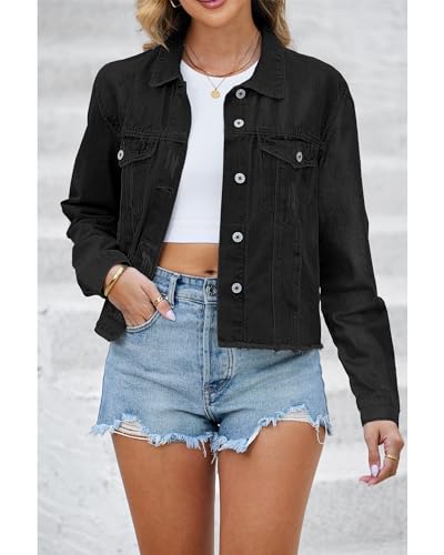 Image of luvamia Denim Jacket for Women Distressed Jean Jackets Button Up Vintage Western Trucker Jacket Frayed Hem Pockets