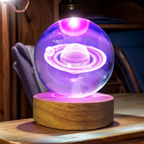 Image of 3D Saturn Crystal Ball 3.15 inch / Wooden USB Switch Base with LED Gradient Lighting /Saturn Ring Model Decor /Birthday, Christmas, Valentine's Day, Christmas Gifts
