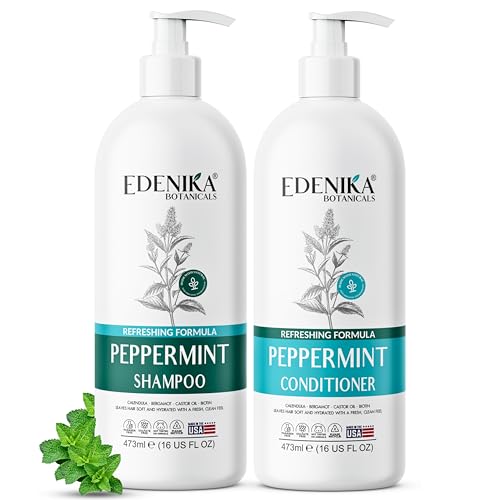 Peppermint Shampoo and Conditioner with Castor Oil & Biotin, Soothes Dry, Itchy Scalp, Strengthens Hair, Reduces Thinning & Hair Loss, Promotes Growth, Adds Volume, Sulfate-Free, 16 fl oz Each