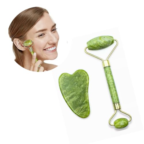 Pedra Jade Roller Rolinho Massageador Facial Anti Rugas + Placa Gua sha Cor:Verde