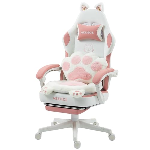 Gaming Chair Cute with Cat Ears Paw Lumbar and Cushion,Ergonomic Computer Chair with Footrest,Reclining PC Game Chair for Girl Computer Chair 300lbs for Adult White and Pink