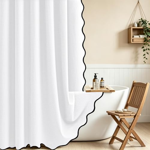 Dynamene Scalloped Shower Curtain Waffle Weave Fabric 72x72 White