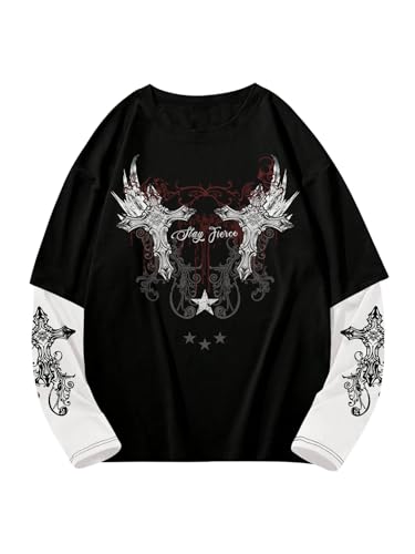 GORGLITTER Men's Y2k Goth Shirt Jersey Letter Graphic Color Block Oversized Long Sleeve Crewneck Vacation Tee Tops