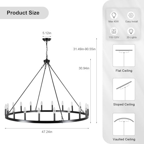 Image of 20-Lights Black Wagon Wheel Chandelier 48 inch Industrial Hanging Light Fixture for Dining Room Farmhouse Round Chandeliers for Living Room Foyer Hallway Kitchen Island Entryway