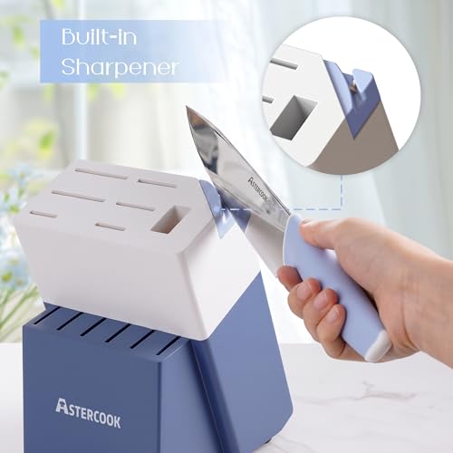 Image of Astercook Kitchen Knife Set with Block and Sharpener 15 Piece German High Carbon Stainless Steel Knives Sharp Blade Dishwasher Safe Deba Knives with Ergonomic Handle, Delicate Blue