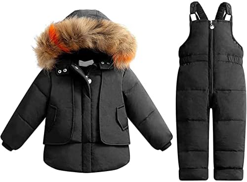 heavKin Baby Boys Girls Snowsuit Infant Winter Clothes Toddler Jumpsuit Kids Warm Hooded Down Jacket Coat + Ski Bib Pants, Black, 4T