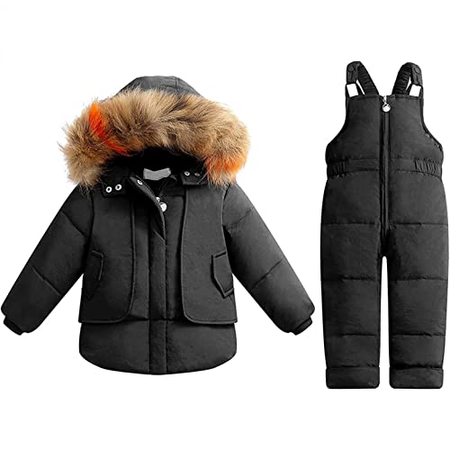 Heavkin Baby Boys Girls Snowsuit Infant Winter Clothes Toddler Jumpsuit Kids Warm Hooded Down Jacket Coat + Ski Bib Pants, Black, 4T #TOP2