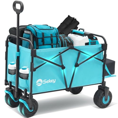 Sekey 332L Folding Festival Trolley with Expandable Tailgate, Patented Design Beach Cart - Diamond Collapsible, Wide All-Terrain Wheels, Brake, 350LB Load Capacity Heavy Duty Wagon for Camping, Blue