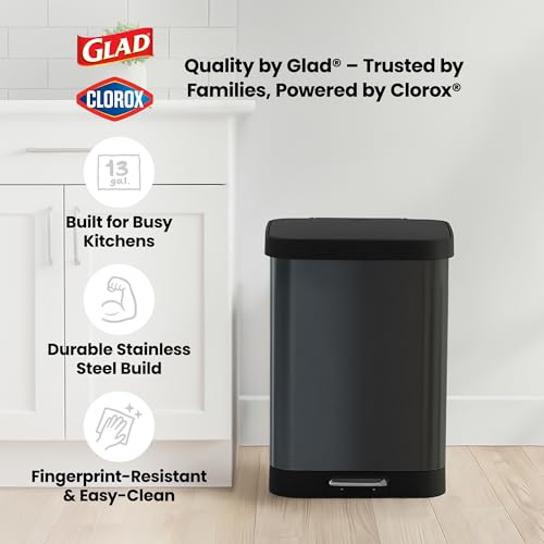 Glad Stainless Steel Trash Can with Clorox Odor Protection, 13 Gal, Pewter | Large Metal Kitchen Garbage Bin with Soft Close Lid, Garbage Bag Rings, Step On Foot Pedal and Waste Bag Roll - image 8