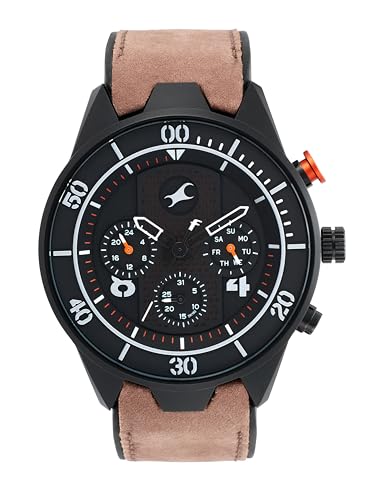 Image of Fastrack All Nighters Quartz Multifunction Black Dial Leather Strap Watch for Guys-NR3195AP01