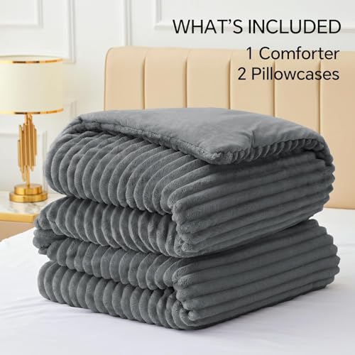 Image of BEDELITE Fleece Oversized Queen Comforter Set -Super Soft & Warm Fluffy Grey Bedding, Luxury Fuzzy Heavy Bed Set for All Season with 2 Pillow Cases
