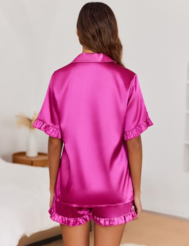 Image of Ekouaer Satin Pajama Set for Women Button Down Silk 2 Piece Pj Sets Ruffle Short Sleeve Sleepwear