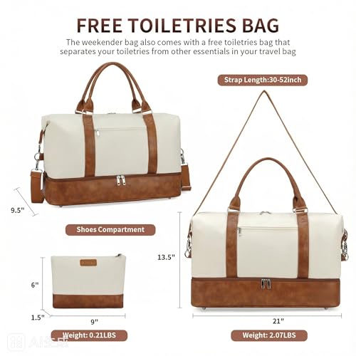 Image of Oeihuivt Weekender Bags for Women - 21 Inch Large Travel Duffel Bag with Shoe Compartment, Heavy-Duty Canvas Leather Carry On Overnight Tote, Brown-Beige-3, 21, Weekend Trip