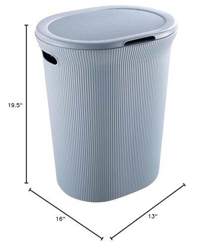 Image of Superio Ribbed Collection - Decorative Plastic Laundry Hamper with Lid and Cut-Out Handles, Blue (1 Pack) Basket Organzier for Bedroom Bathroom College Dorm Room 40 Liter