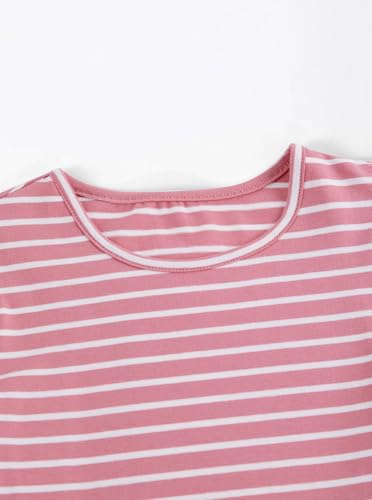 Image of Girls Striped Shirt Flutter Sleeve Top Crewneck Cute Summer T Shirts Casual Tees Pink Stripe 11-12Y