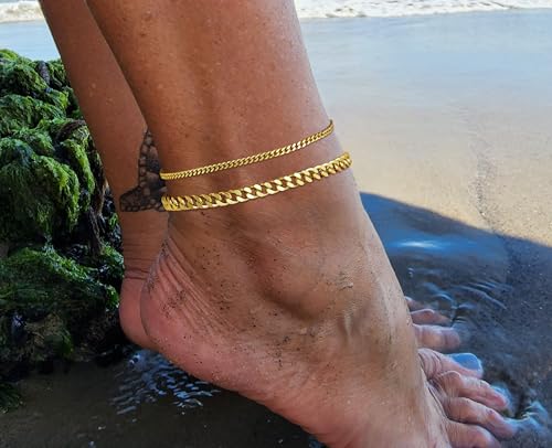Image of Gold Ankle Bracelets for Women, 14k Silver /Gold Anklets for Women Waterproof Layered Figaro Cuban Link Cuban Anklet Set Silver Ankle Bracelets for Women Summer Beach Jewelry Gifts