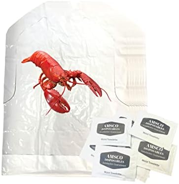 Lobster Bib and Wet Wipe Bundle - 25 Disposable Bibs and Moist Towelettes for Crawfish Boil, Seafood Fest, or Home Dinner Party by AMSCO Disposables