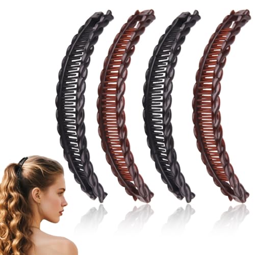 KEWUF Pinces à Banane, Pinces à Queue de Cheval, Pince Banane Cheveux Femme, Épingles À Cheveux Bananes Grandes, Accessoires Cheveux, Pinces à Cheveux Décoratives (4 Pièces, Noir, Marron, 15cm)
