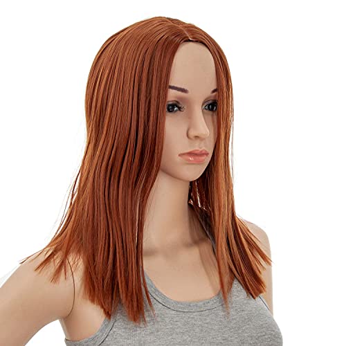 SWACC 14-Inch Short Straight Middle Part Hair Wig Medium Length Synthetic Heat Resistant Wigs for Women with Wig Cap (Dark Copper Red)