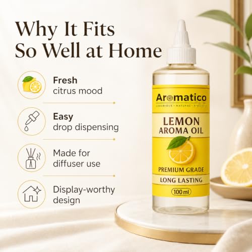 Image of AROMATICO Pure Lemon Aroma Diffuser Oil with Long-Lasting Fragrance for Homes, Offices & Showrooms. Ideal for Diffusers, Reed Diffusers, Air-Purifiers & Candles 100 ml