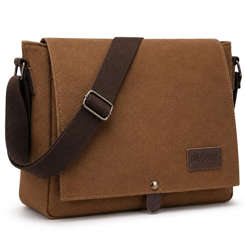 Cotas home Mens Canvas Messenger Bag Satchel Bag for Men Fits 14 Laptop Compact Work Bag for Office & Travel (Mocha Brown)