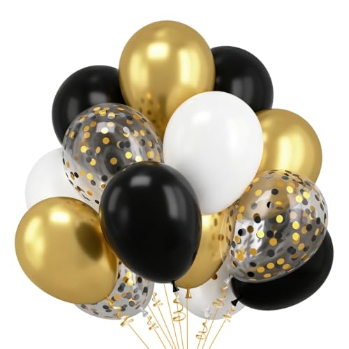 Ballons Noir et Or,30 Pièces Doré Noir Blanc Ballon Avec Confettis Ballons