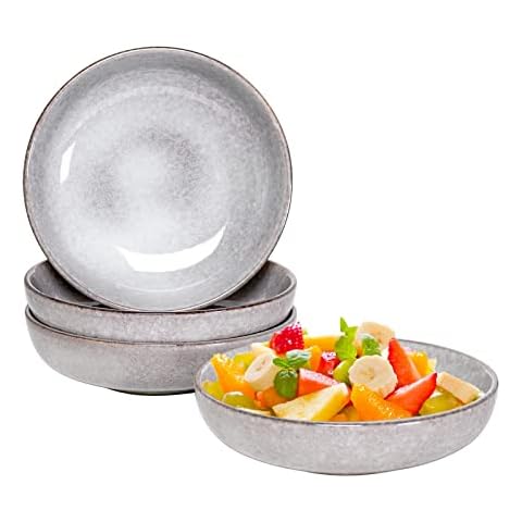 Set of 4 Ceramic Cereal Bowls, 740mL Salad Bowls, Width 20cm Deep Plates, Snack Bowls for Pasta, Salad, Cereal, Soups, Dessert, Light Grey Cover