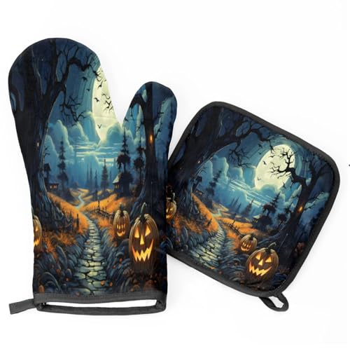 Halloween Pumpkin Light Tree Oven Mitts Kitchen Oven Gloves for Cooking Baking Heat Proof Lining Cotton Kitchen Potholder Mittens Pot Holders Hot Pads for Chef Women Men