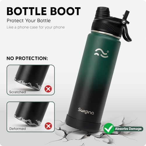 Image of Swigina Insulated Water Bottle with Silicone Boot (36hrs Cold /18hrs Hot) - DIY Stickers, [2-in-1 Lid], BPA Free, 24 oz