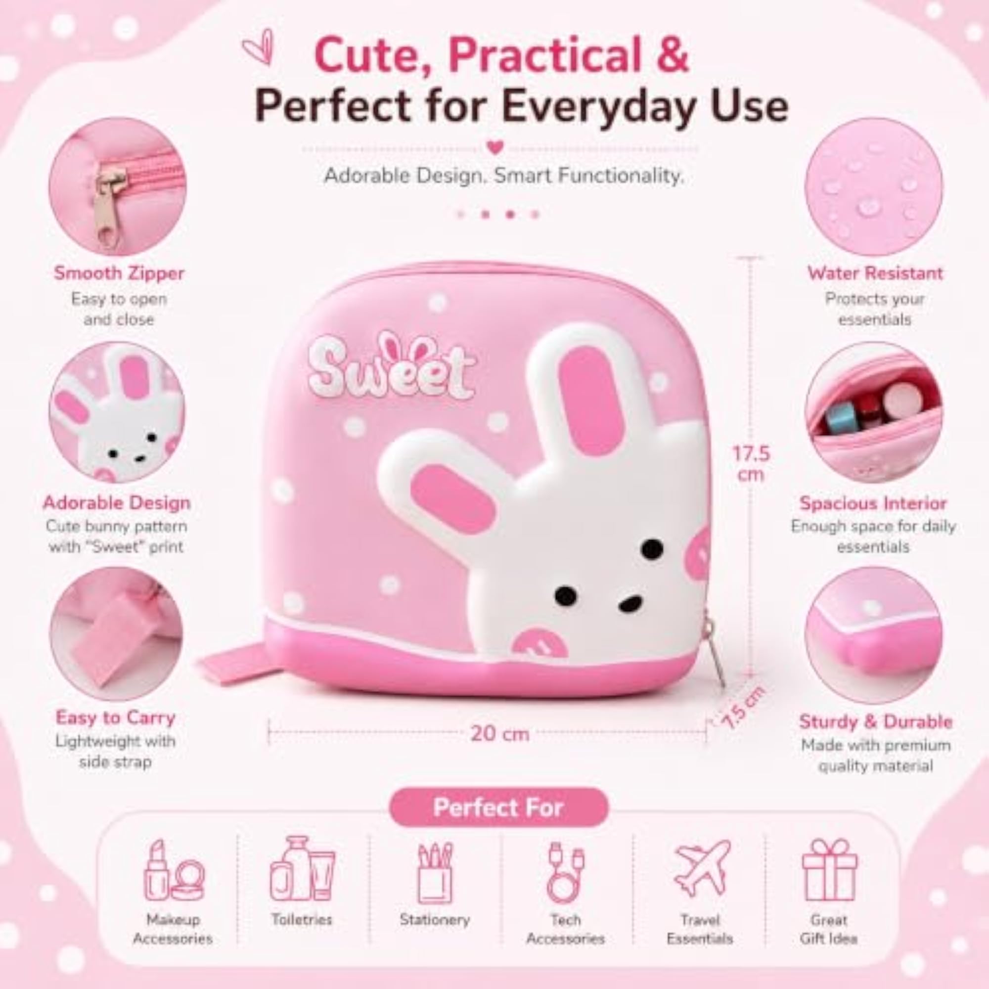 Women's Cute Bunny Printed Cosmetic Pouch, Pink