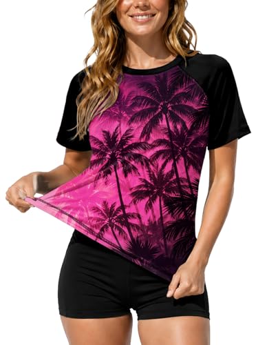 Image of AOBUTE Women Short Sleeve Rash Guard UPF 50+ Tropical Sun Protection Floral Swim Shirts