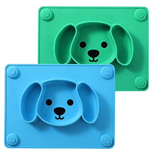 Image of LongDear Suction Plates for Baby,Toddler Plates with Suction,Silicone Divided Kids Placemat Fits Most Highchair Trays,2 Pack (Blue & Green)
