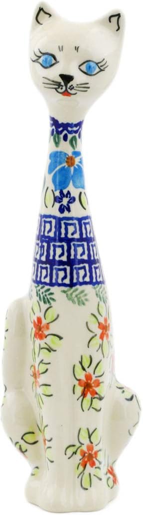 Polmedia Polish Pottery Cat Figurine - Pansy Morning Pattern Handmade in Boleslawiec Poland by Ceramika Bona + Certificate of Authenticity