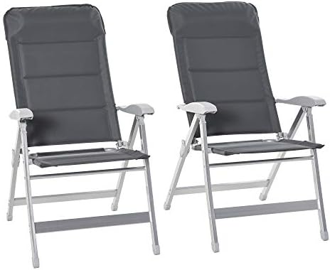 Outsunny Set Of 2 Padded Folding Deck Chair Garden Seats Adjustable Back w/Armrest Aluminium Frame Portable Camping Outdoor Pool Grey