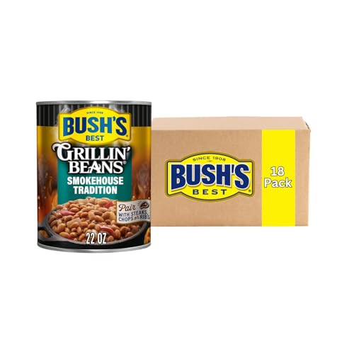 Image of Bush's Best Grillin' Beans, Smokehouse Tradition Seasoned BBQ Beans for Cookouts, Burgers, Hot Dogs and Easy Side Dishes, 22 Ounce (Pack of 18)