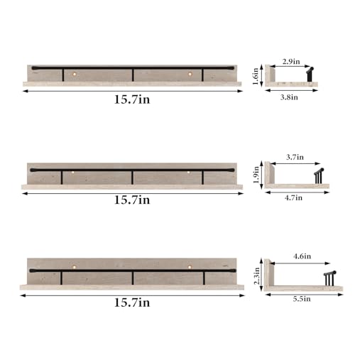 Lyeasw Wall Shelves with Black Metal Guardrail, 16 Inch Beige Floating Shelves for Bedroom Bathroom Kitchen Living Room, Set of 3 in Different Sizes - Thumbnail 3