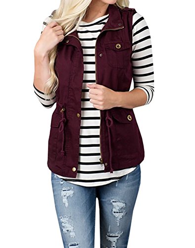 Farktop Women's Lightweight Sleeveless Military Stretchy Drawstring Jacket Vest with Zipper (XXL, Red)