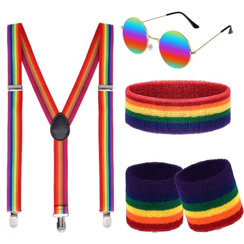 Haakong Pride Costume Set for Women Men Rainbow Outfits Suspenders Sunglasses Striped Sweatband for Pride Month Parades Party