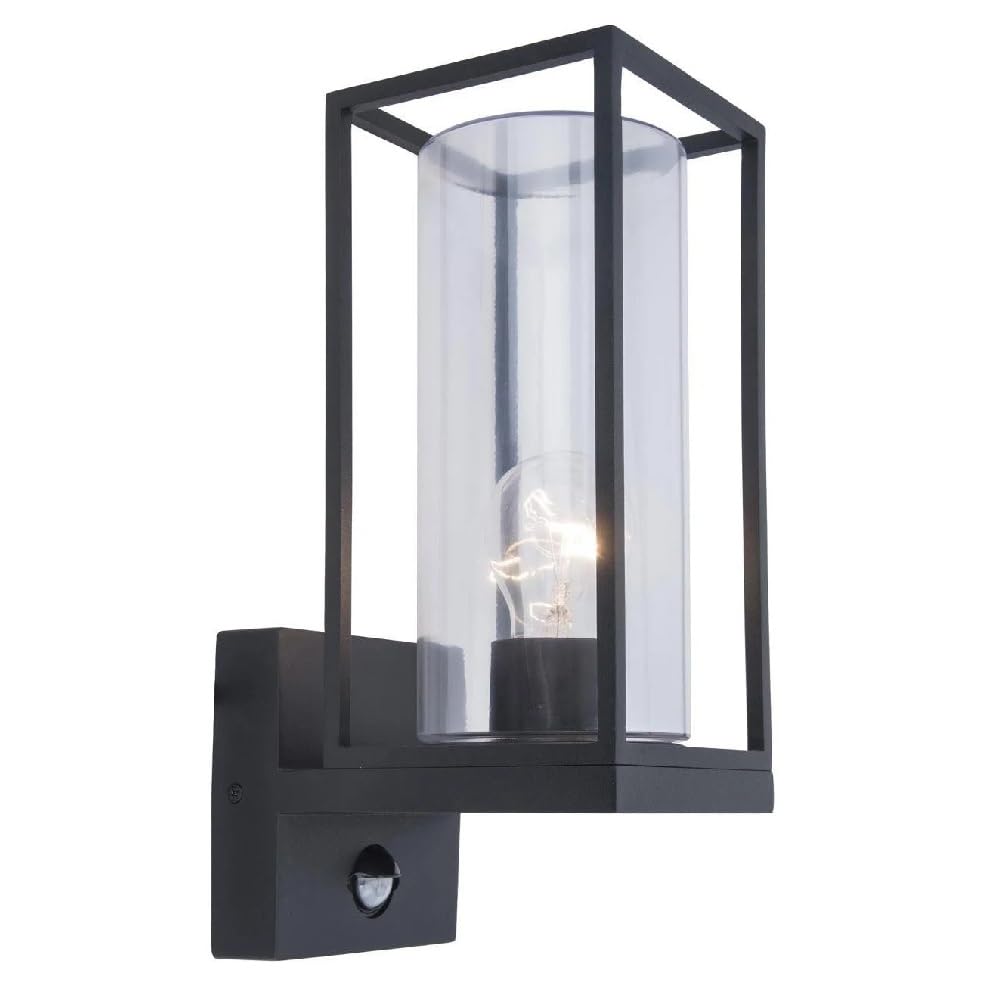 Britalia Black Matt & Clear Glass Shade Outdoor Vintage Rectangular Up Lantern Wall Light With Pir | Ip44 Rated | 32Cm Height | 1 X Es E27 Lamp Required | Garden - Patio - Driveway | Uk Approved | Aluminium