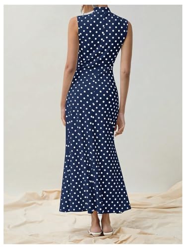 Image of Milumia Women's Polka Dots Maxi Tank Dress Vintage Mock Neck Sleeveless Elegant Long Dresses