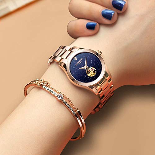 MASTOP Automatische mechanische Damenuhr, Edelstahl, Diamant, leuchtend, wasserdicht, Kleid, roségold blau, Mechanisch-3