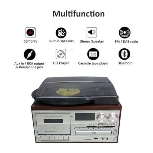 Lecteur cassette Bluetooth - Tourne-disque rétro et platine vinyle avec télécommande et haut-parleurs intégrés pour divertissement à domicile et bureau
