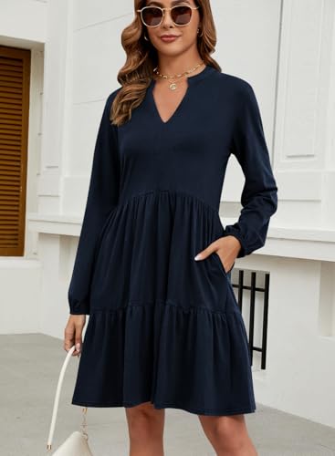 QACOHU Women Fall Tunic Dress 2025 V Neck Casual Tiered Long Sleeve with Pockets A-Line Swing Mini Babydoll Dress3